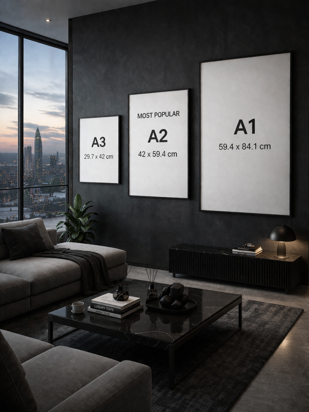 Living room with framed prints on a dark wall, displaying different sizes.