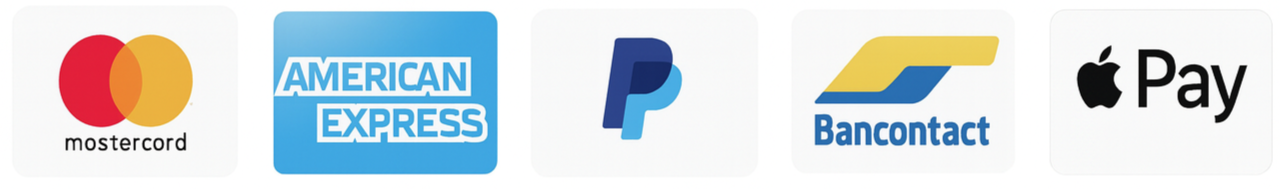 Logos of Mastercard, American Express, PayPal, Bancontact, and Apple Pay on a white background