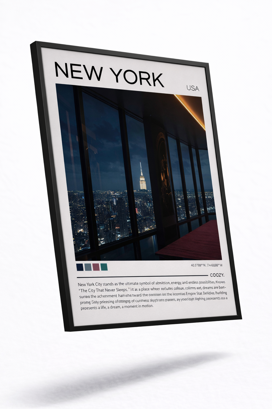 Framed poster of New York City with a night view of a building.
