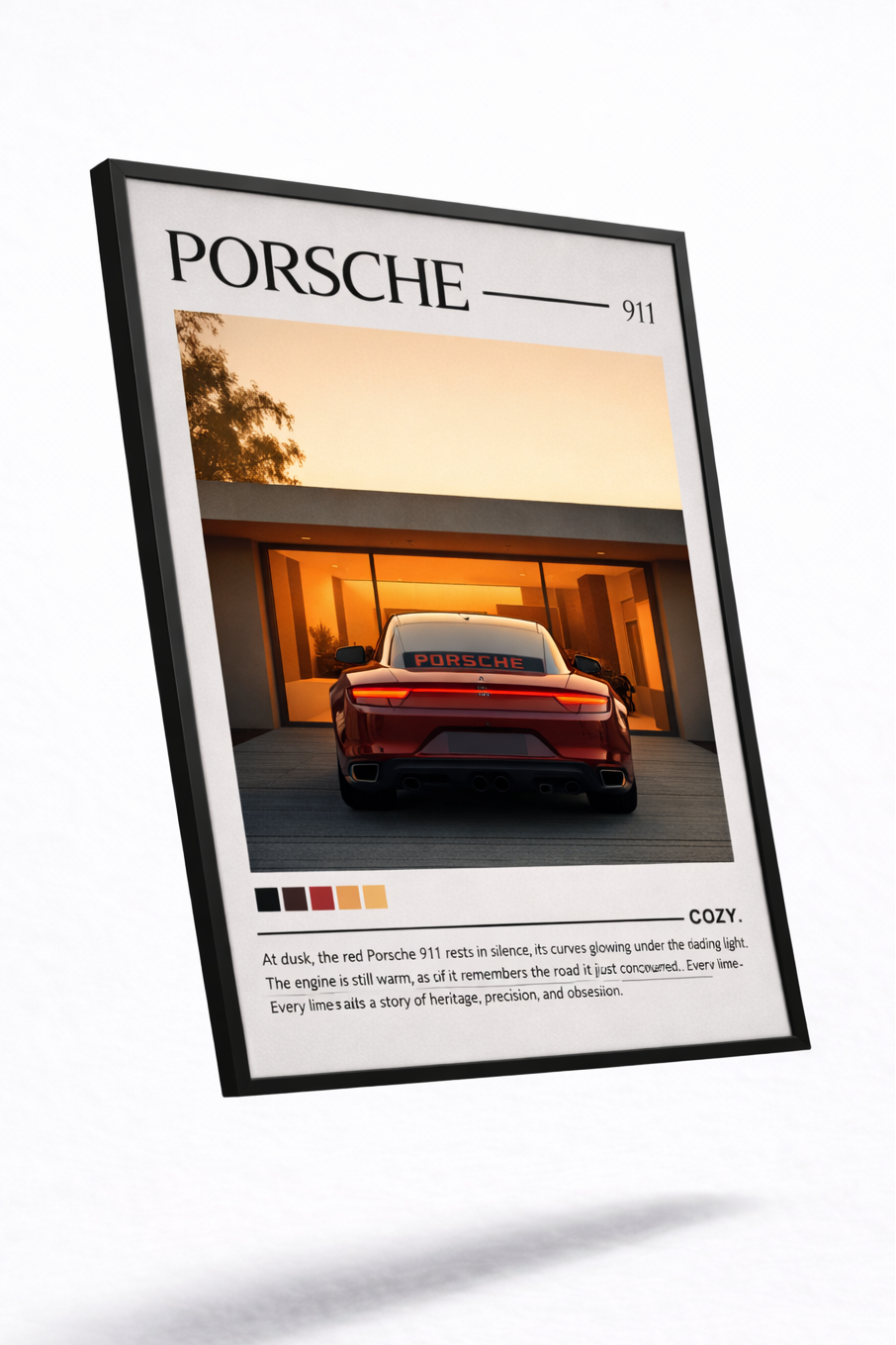 Framed poster of a Porsche car with a modern building in the background