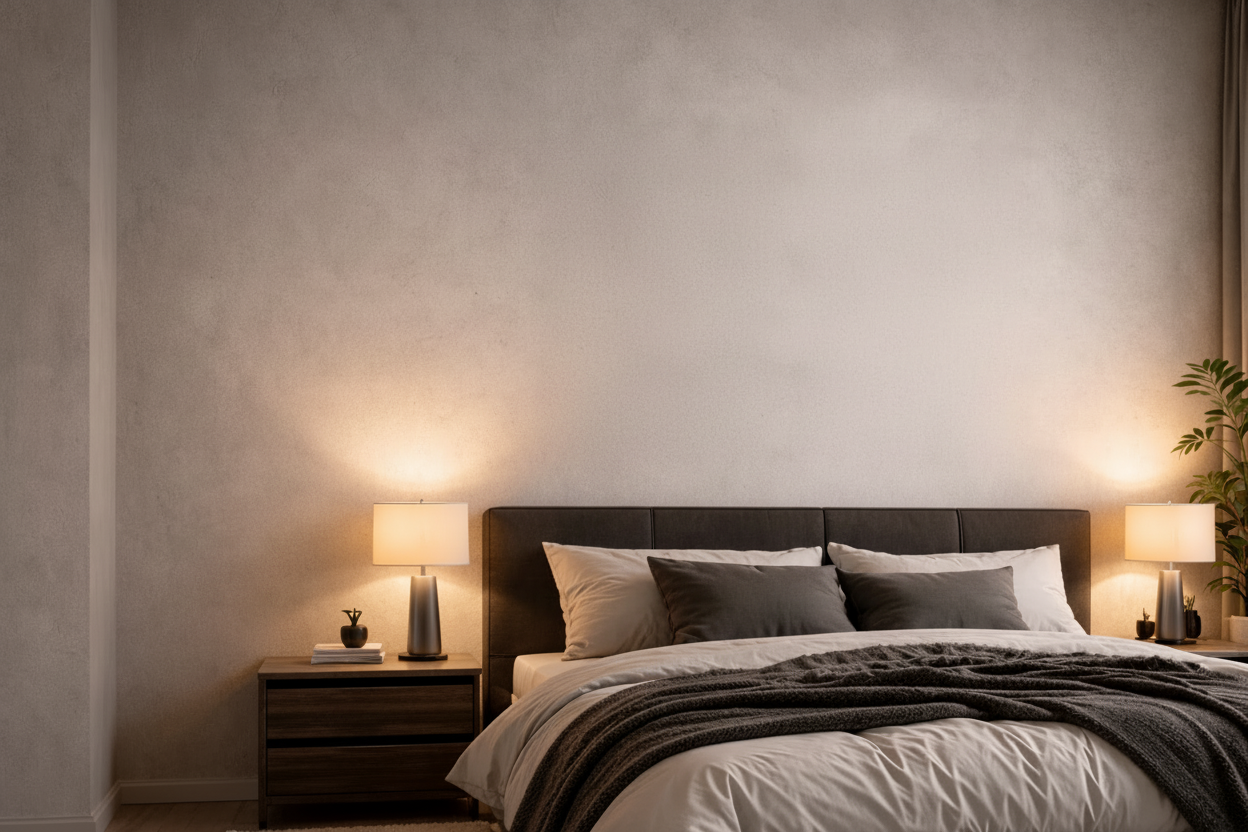 Modern bedroom with a bed, nightstands, and lamps against a plain wall.