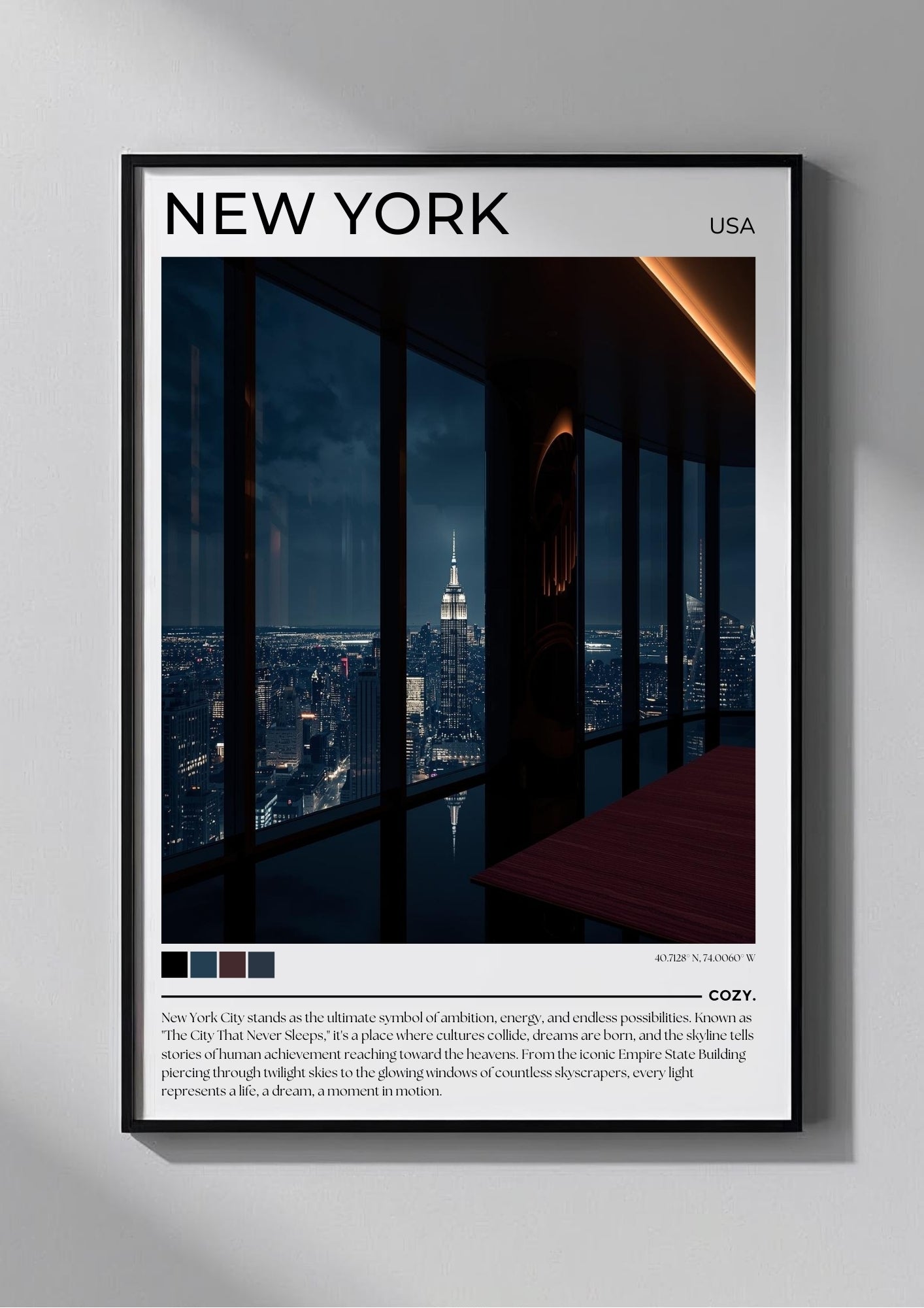 Framed poster of New York City with a cityscape view and 'New York USA' text.