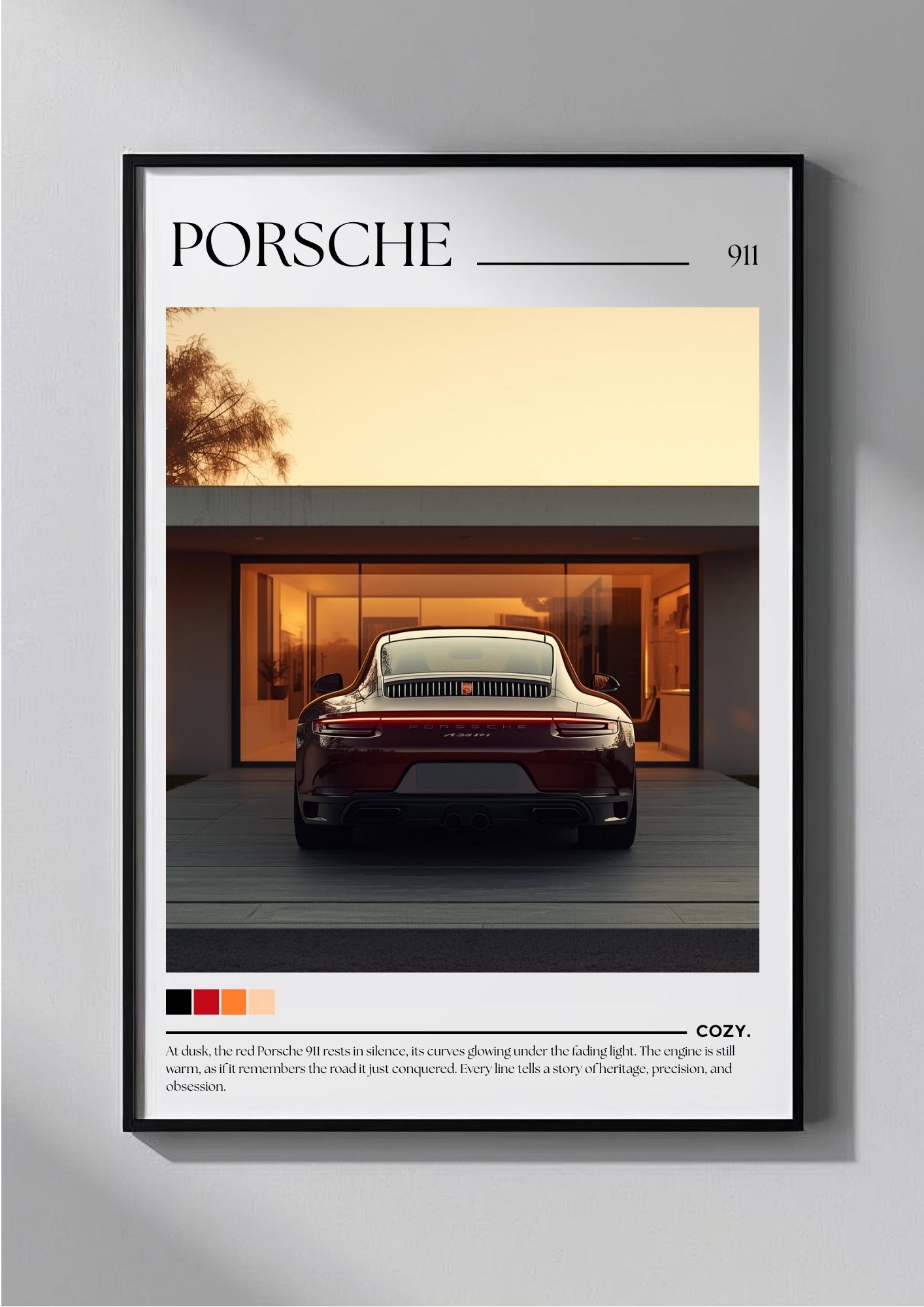 Framed poster of a Porsche car in a modern house setting with 'Porsche' branding.